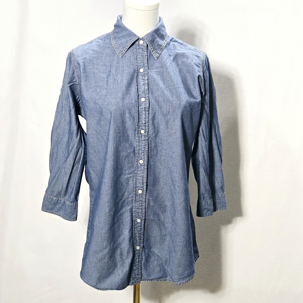 Izod shirt button up long sleeve blue chambray womens cotton small pearl snap